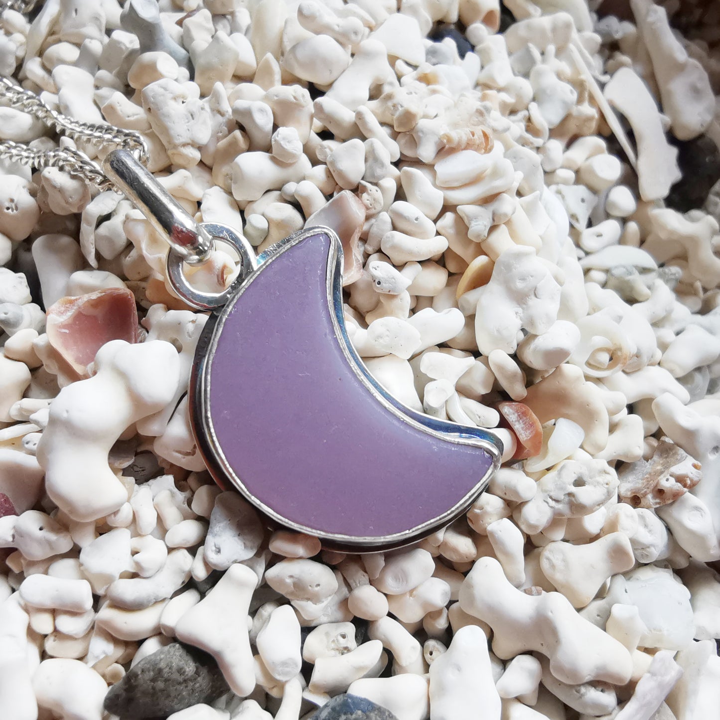 Purple crescent moon sea glass & sterling silver pendant.