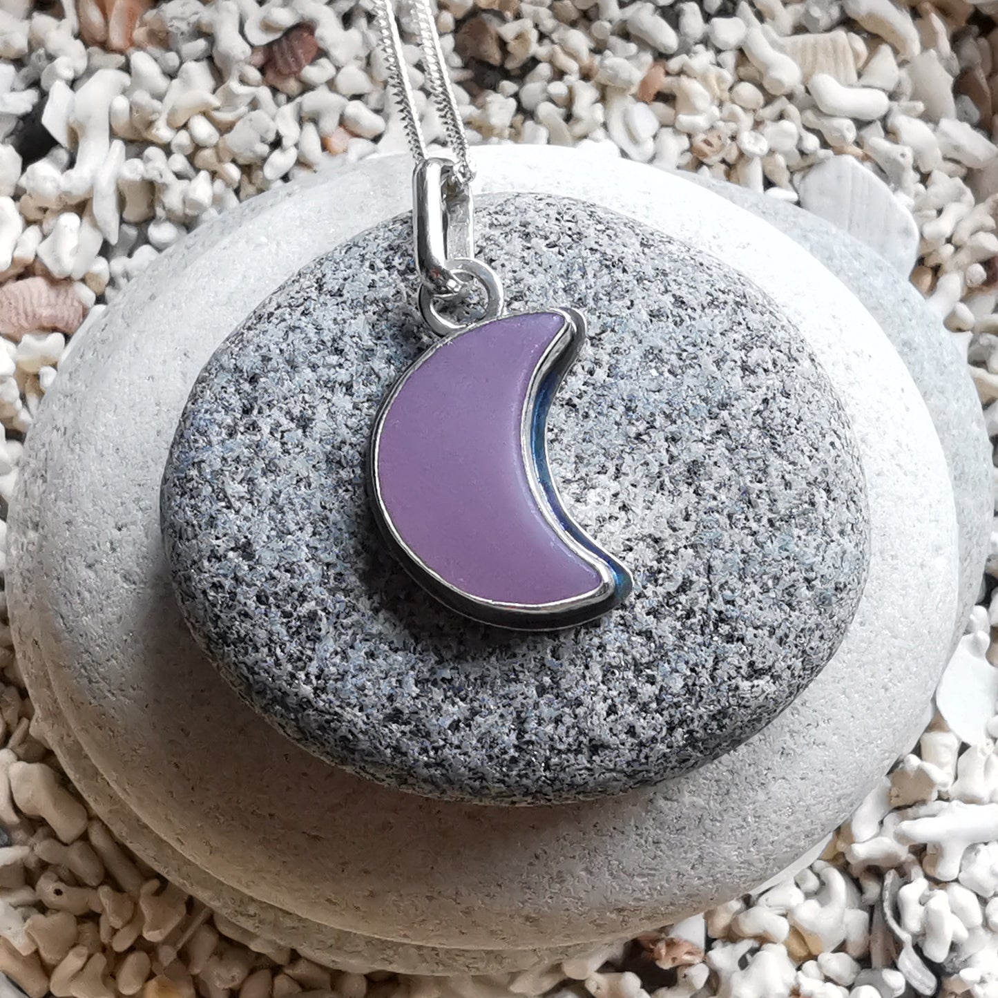 Purple crescent moon sea glass & sterling silver pendant.