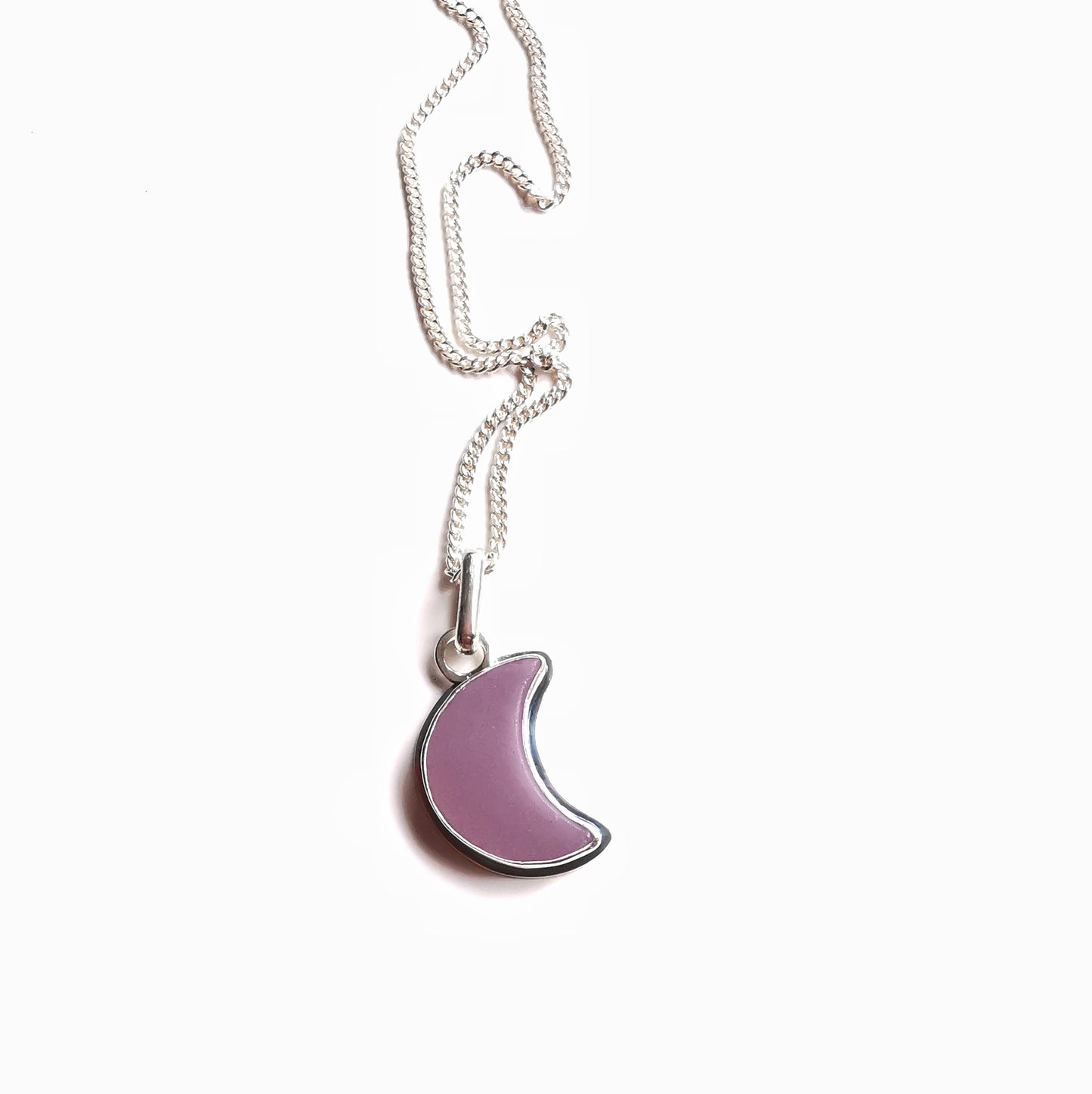 Purple crescent moon sea glass & sterling silver pendant.