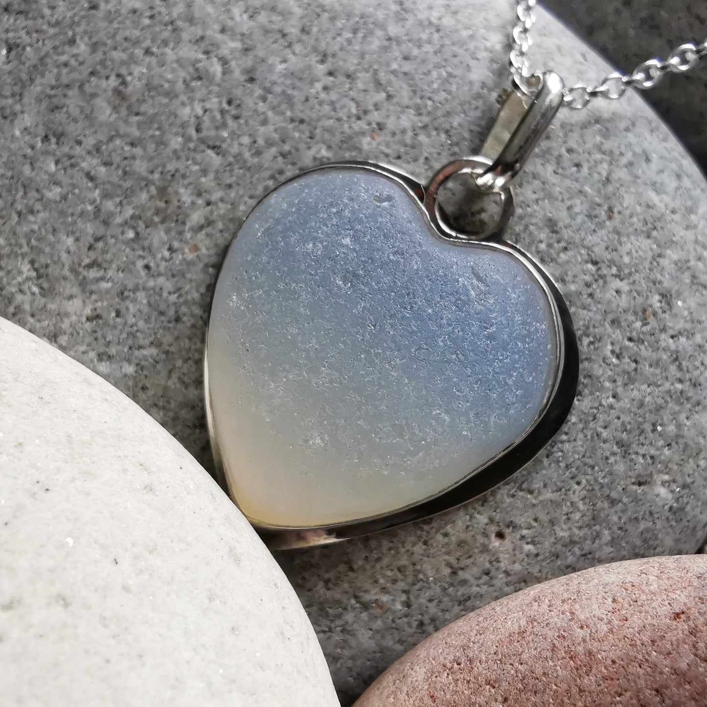 Reserved for Gatia. Scottish opalescent sea glass heart & sterling silver pendant.