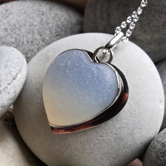 Reserved for Gatia. Scottish opalescent sea glass heart & sterling silver pendant.