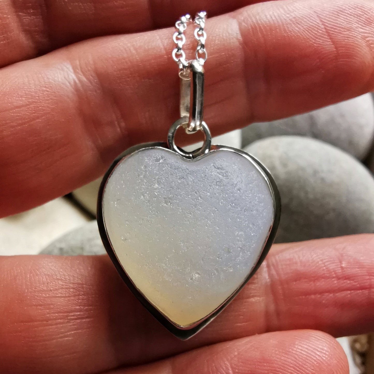 Reserved for Gatia. Scottish opalescent sea glass heart & sterling silver pendant.