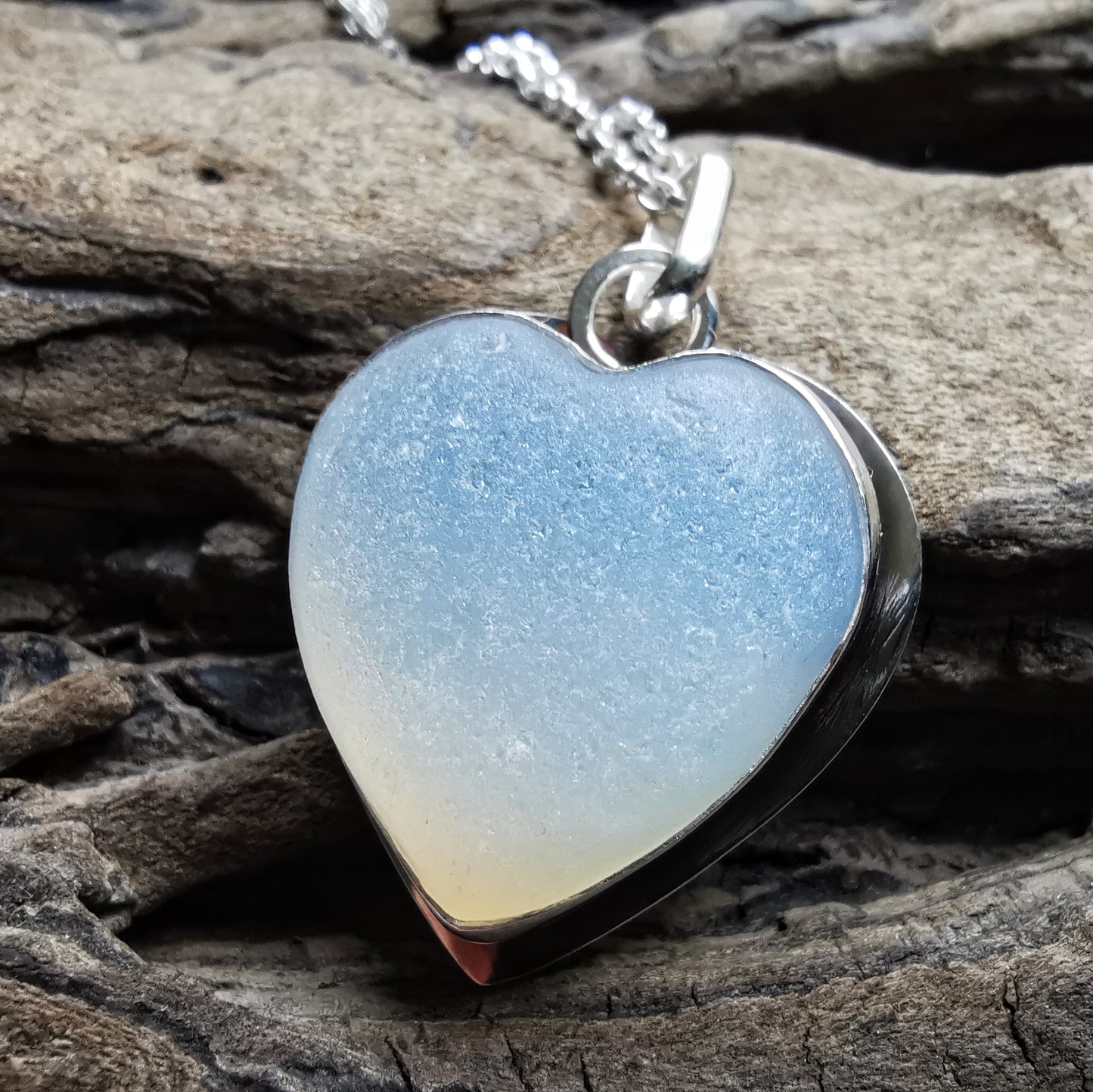 Reserved for Gatia. Scottish opalescent sea glass heart & sterling silver pendant.