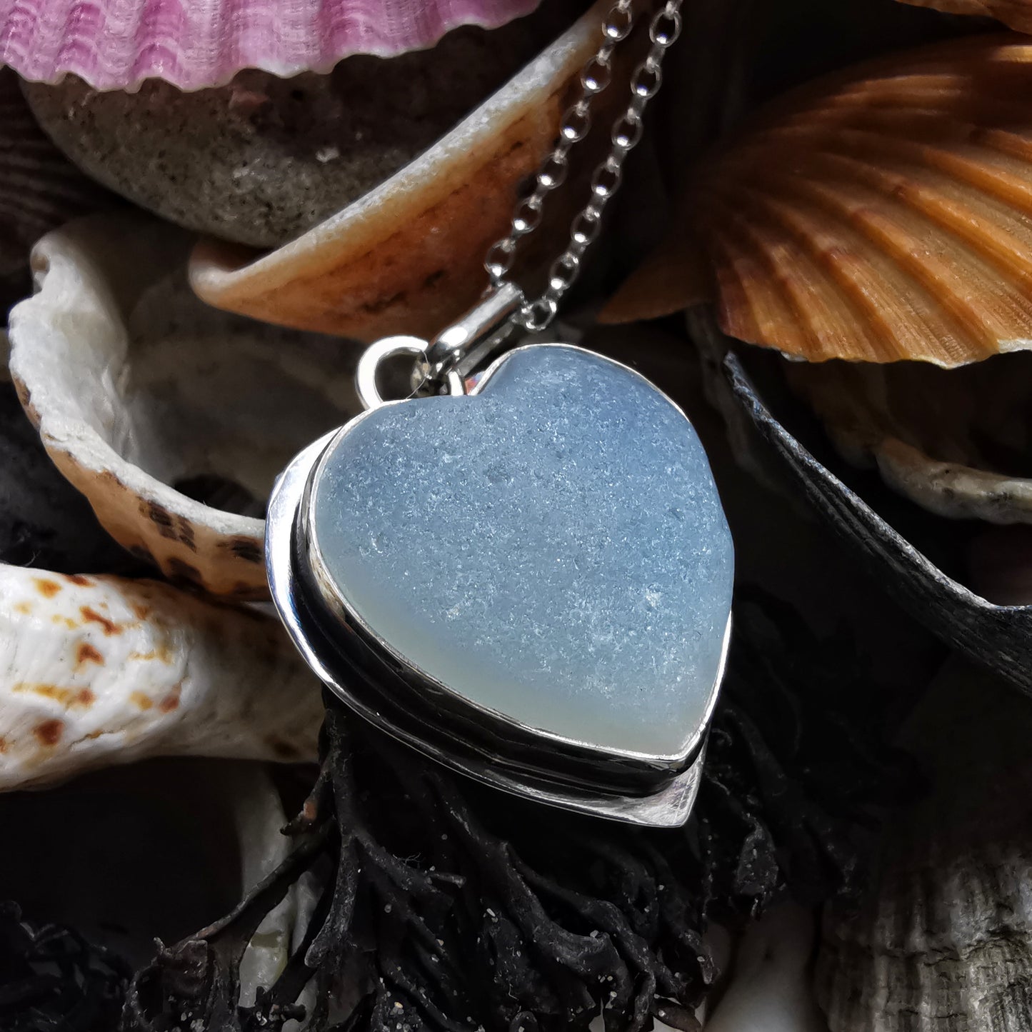 Reserved for Gatia. Scottish opalescent sea glass heart & sterling silver pendant.