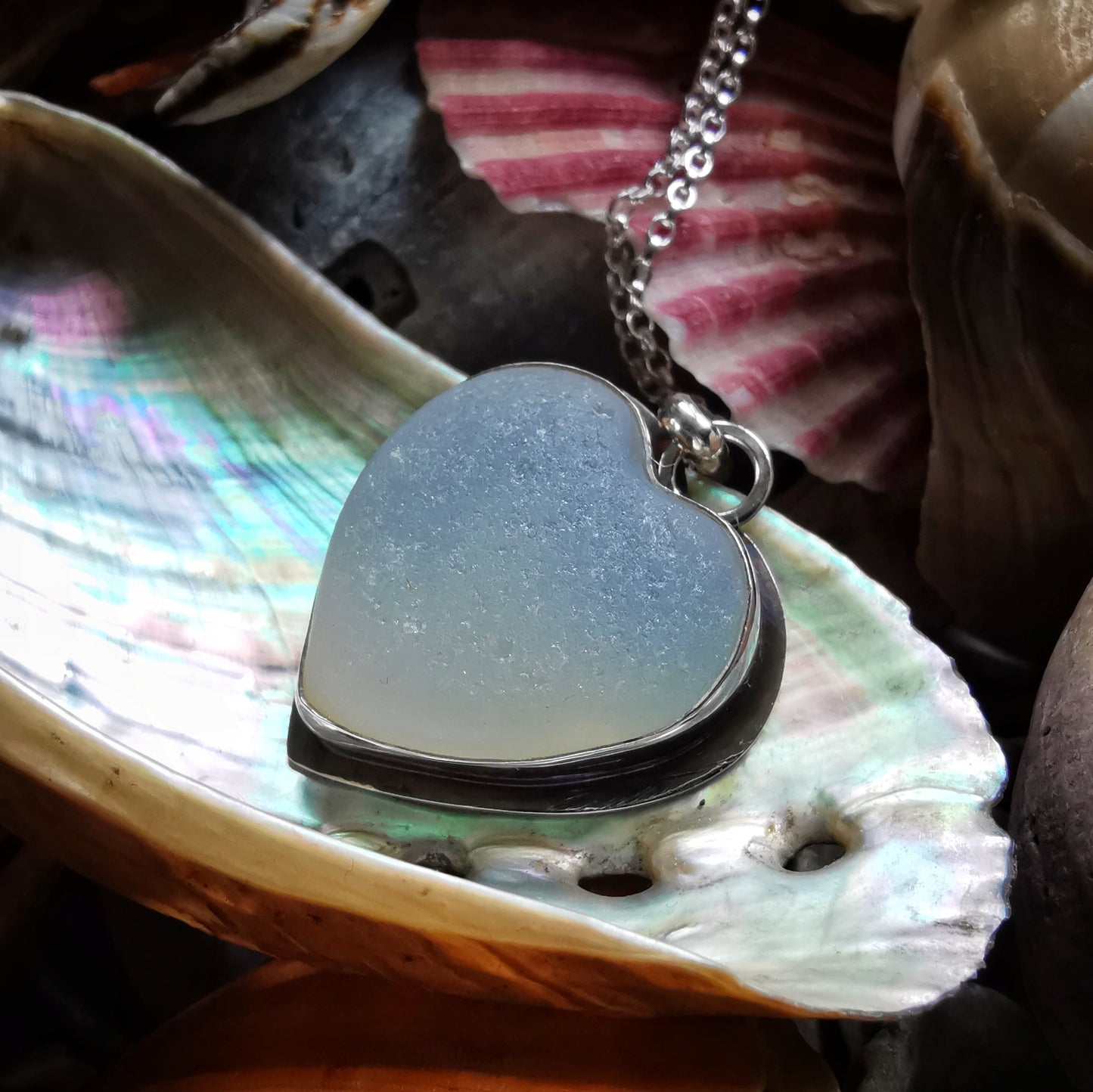 Reserved for Gatia. Scottish opalescent sea glass heart & sterling silver pendant.