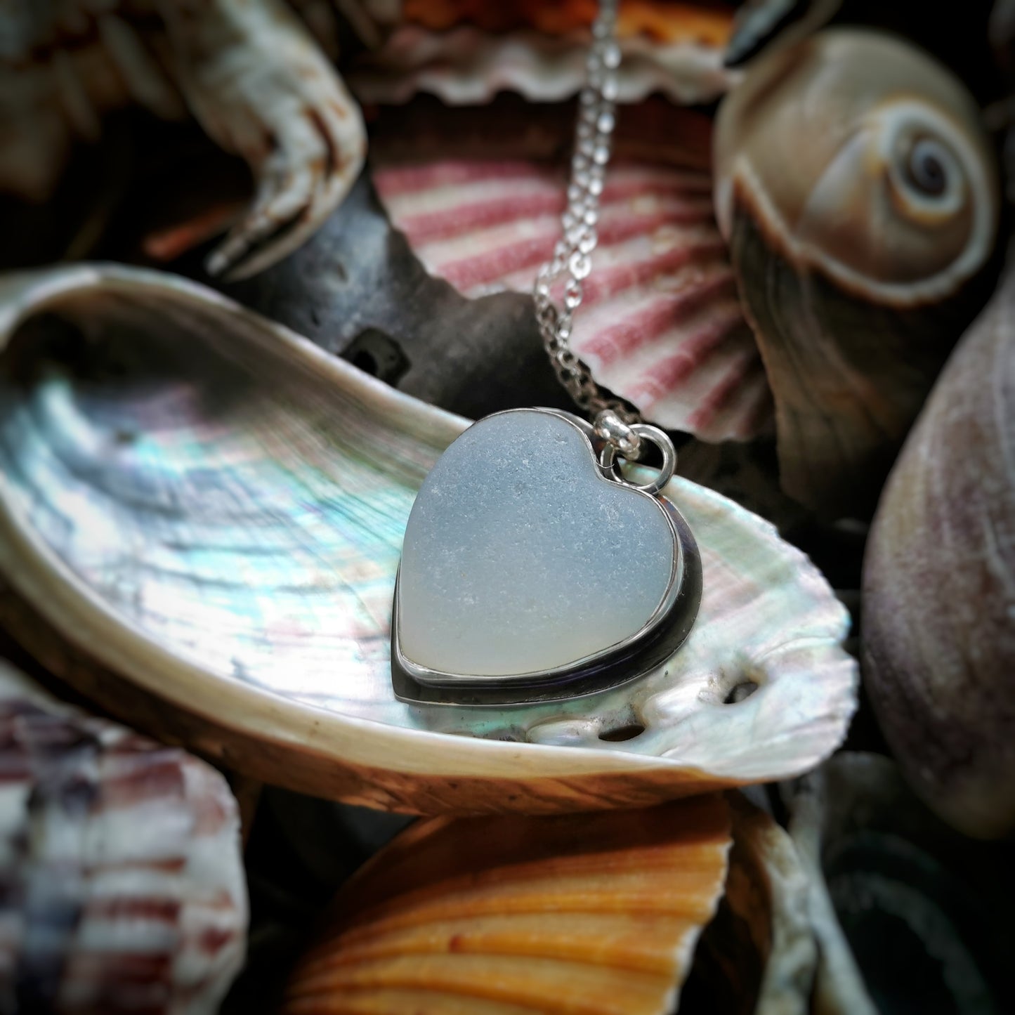 Reserved for Gatia. Scottish opalescent sea glass heart & sterling silver pendant.