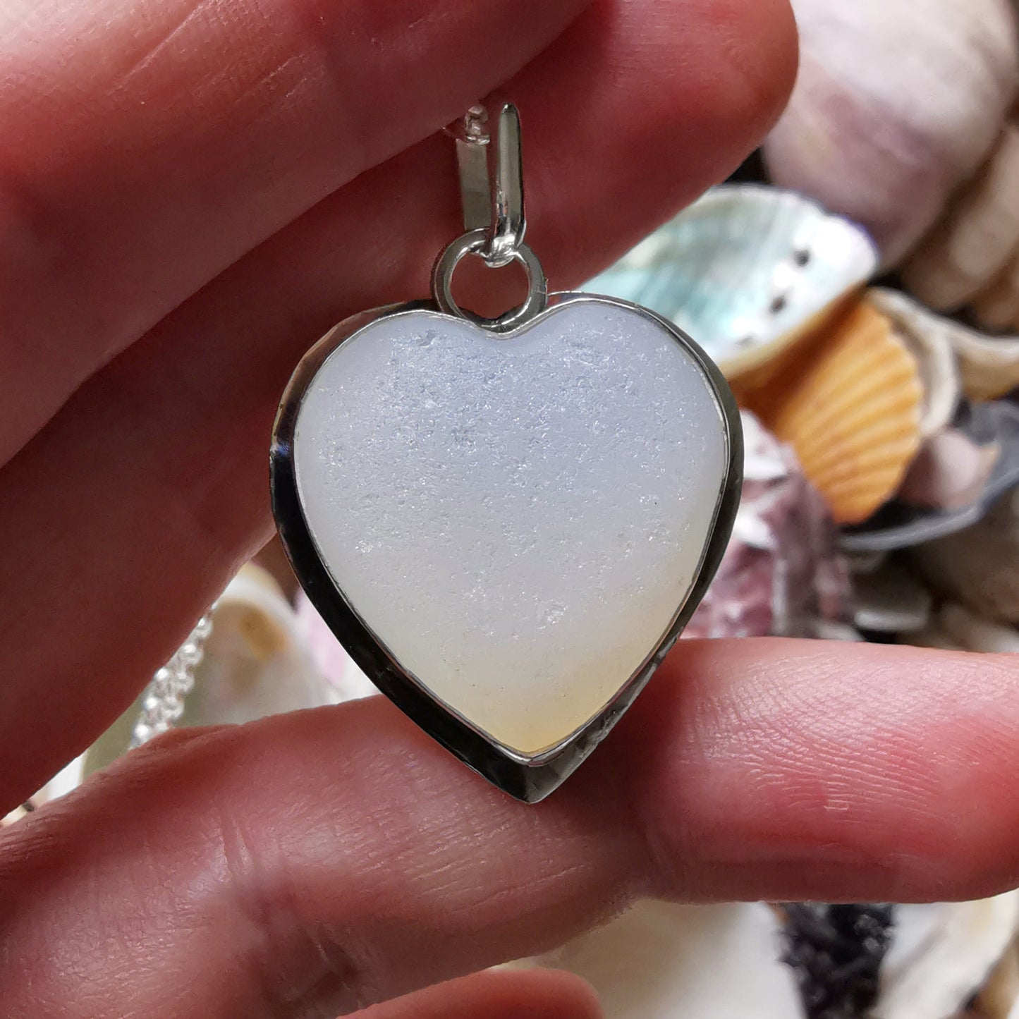 Reserved for Gatia. Scottish opalescent sea glass heart & sterling silver pendant.