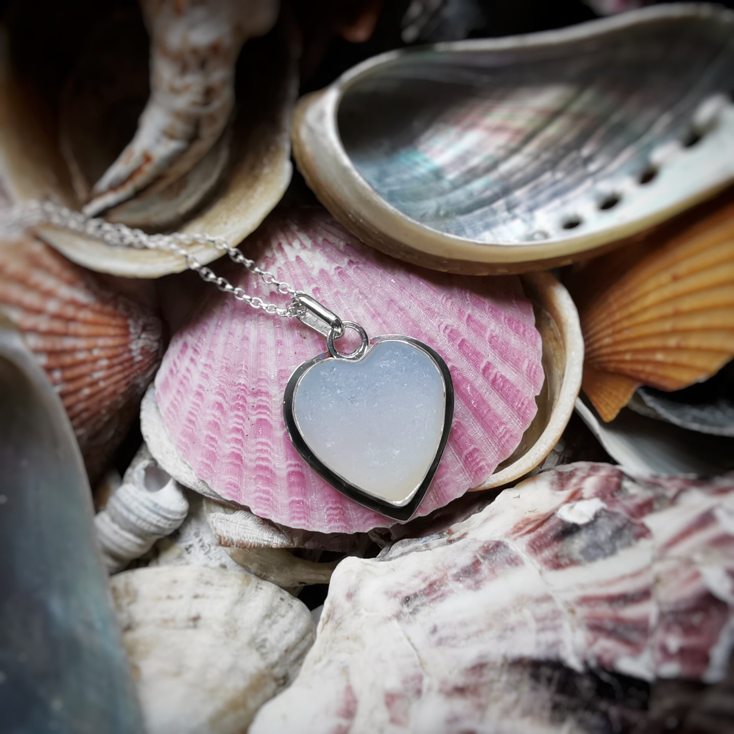 Reserved for Gatia. Scottish opalescent sea glass heart & sterling silver pendant.