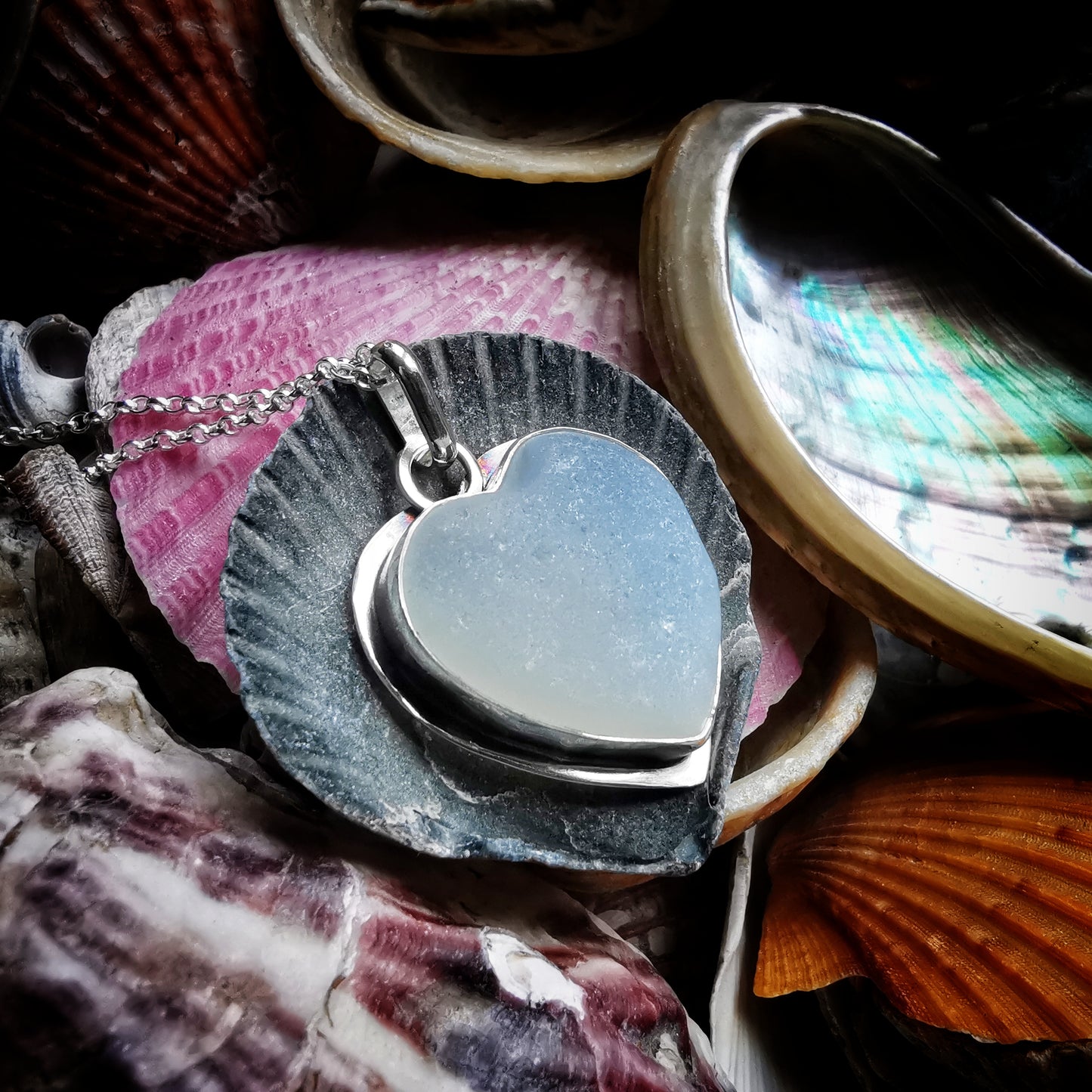 Reserved for Gatia. Scottish opalescent sea glass heart & sterling silver pendant.