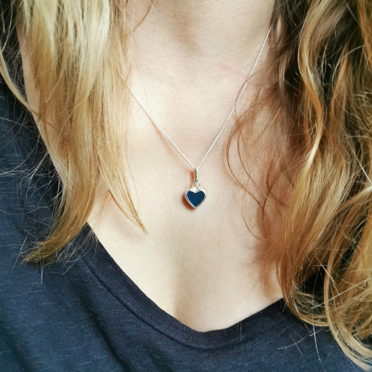 Scottish teal blue sea glass heart & sterling silver pendant.