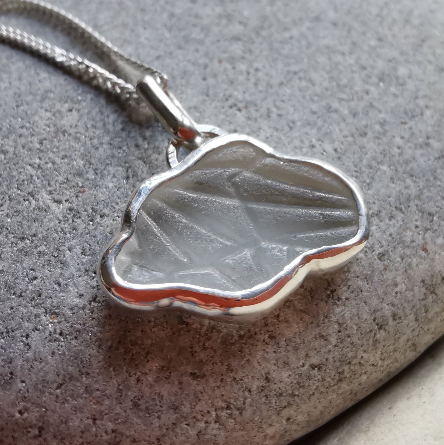 Genuine Scottish clear sea glass cloud & sterling silver pendant.