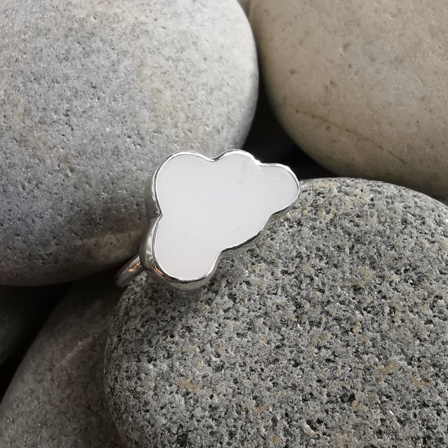 Scottish white sea glass cloud & sterling silver adjustable ring.