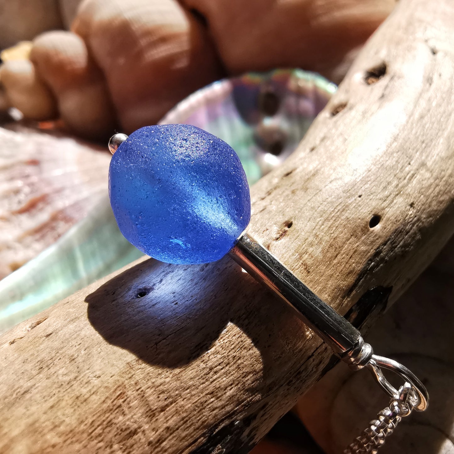 Scottish blue sea glass bead & sterling silver pendant.