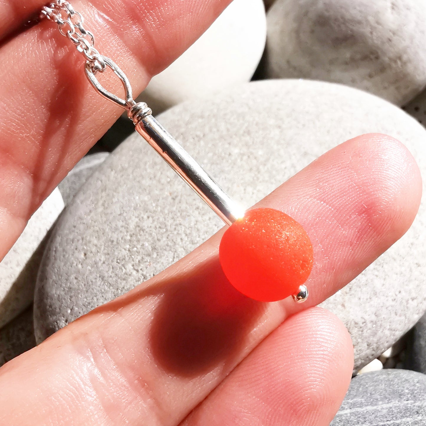 Scottish orange sea glass bead & sterling silver pendant.