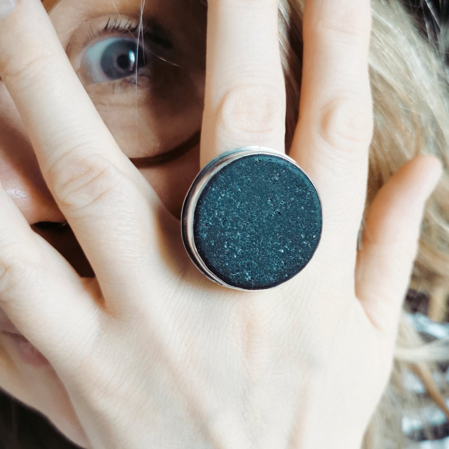 Black Scottish sea glass & sterling silver adjustable ring.