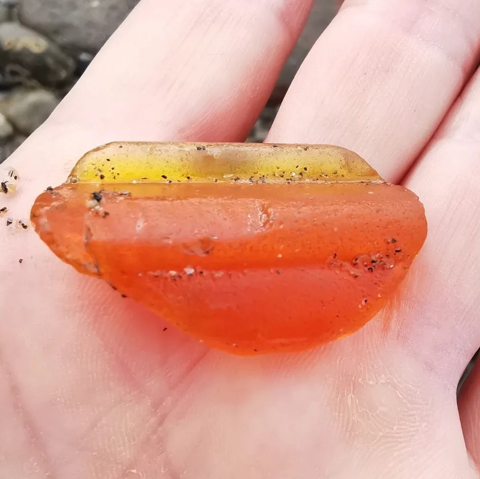 Scottish UV deep orange sea glass, sterling silver and 9ct gold pendant.