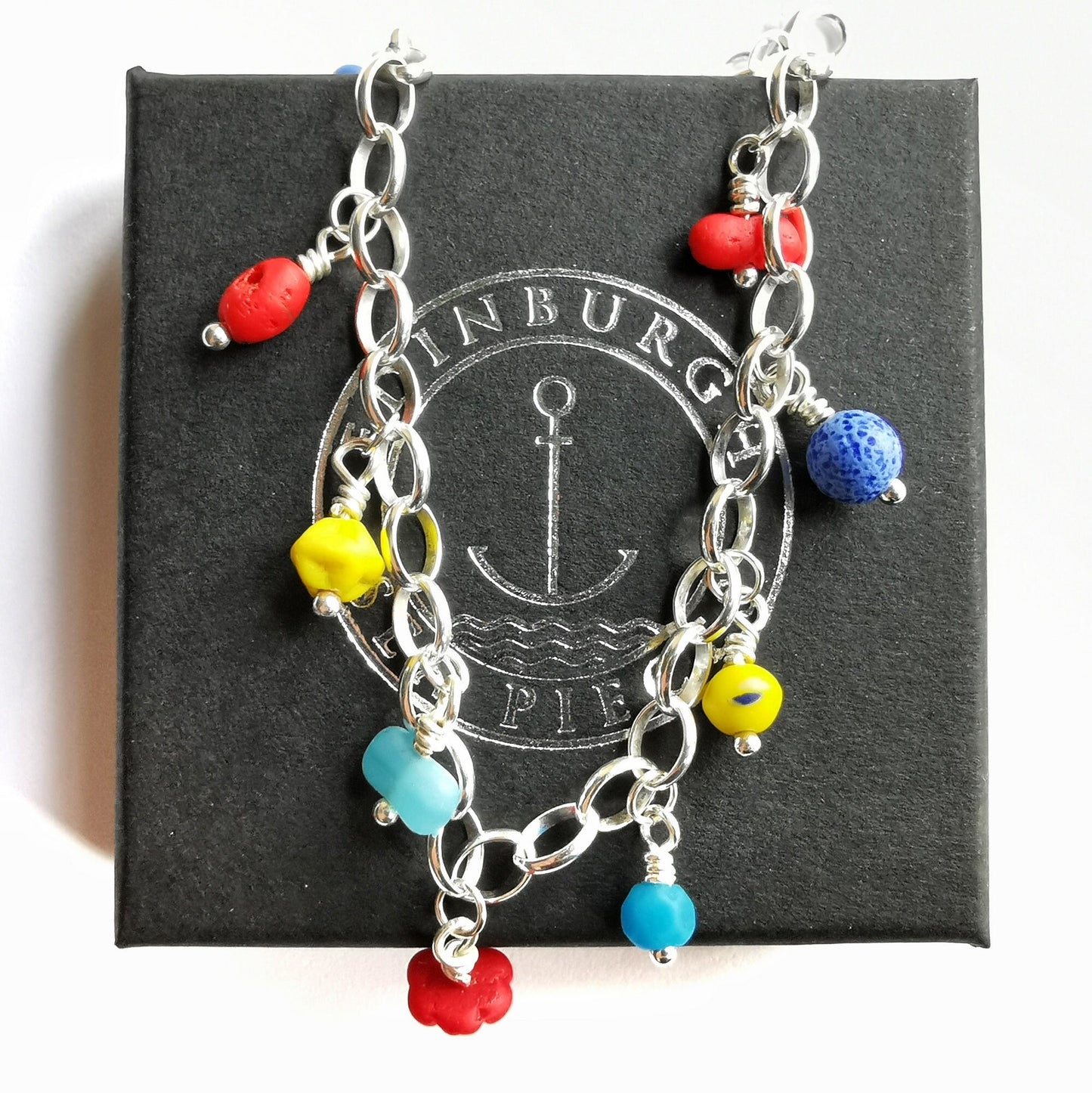 Scottish genuine sea glass beads, sterling silver charm bracelet 1941 - monopatin