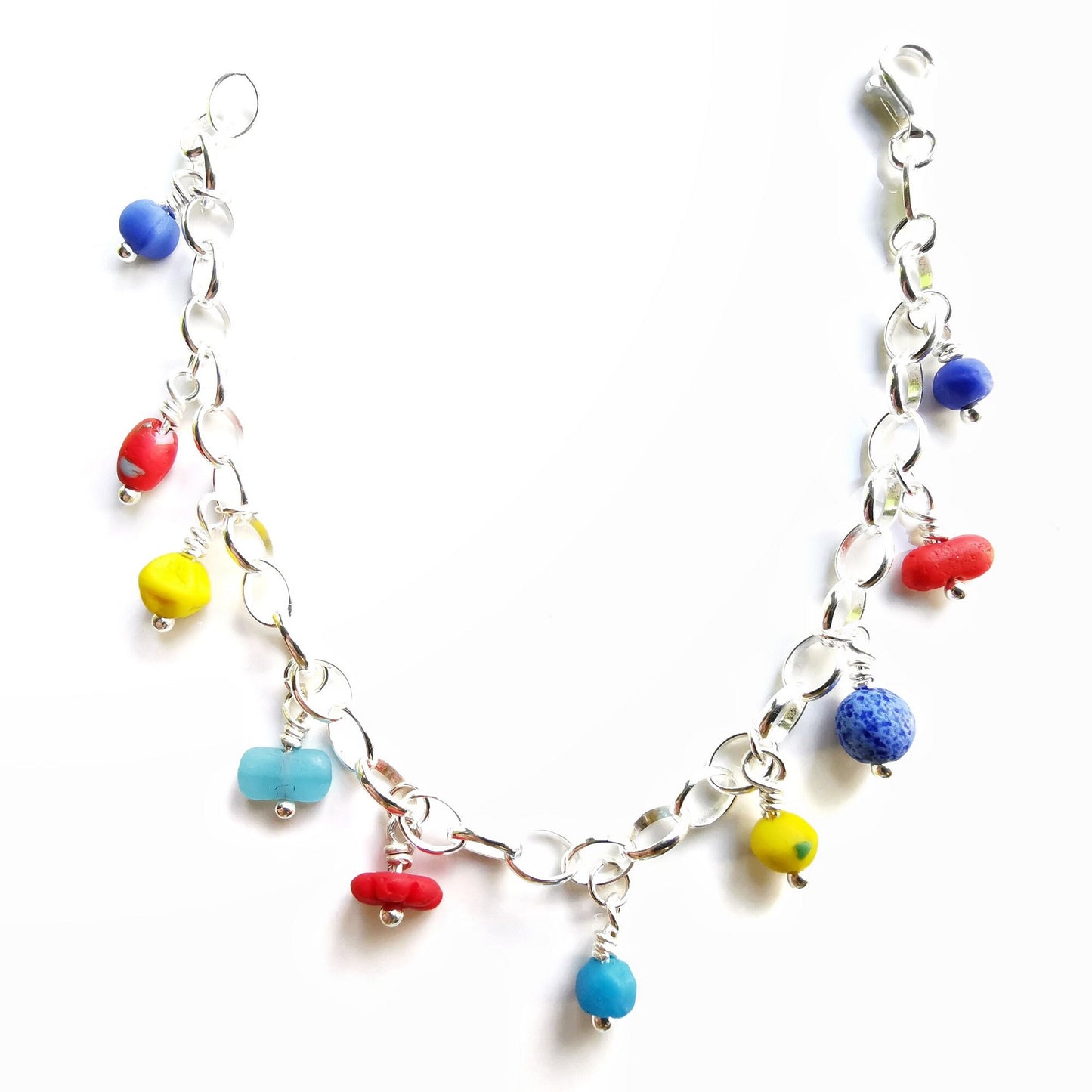 Scottish genuine sea glass beads, sterling silver charm bracelet 1941 - monopatin