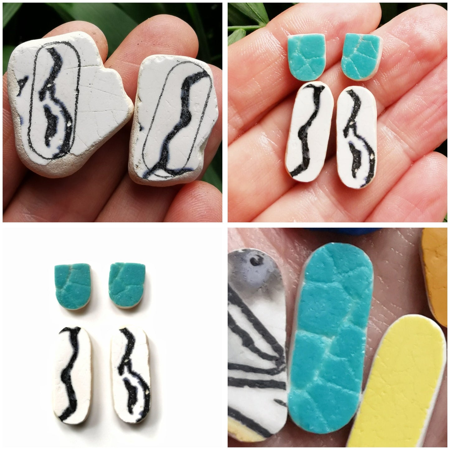 Blue, black and white sea pottery, sterling silver earrings - monopatin