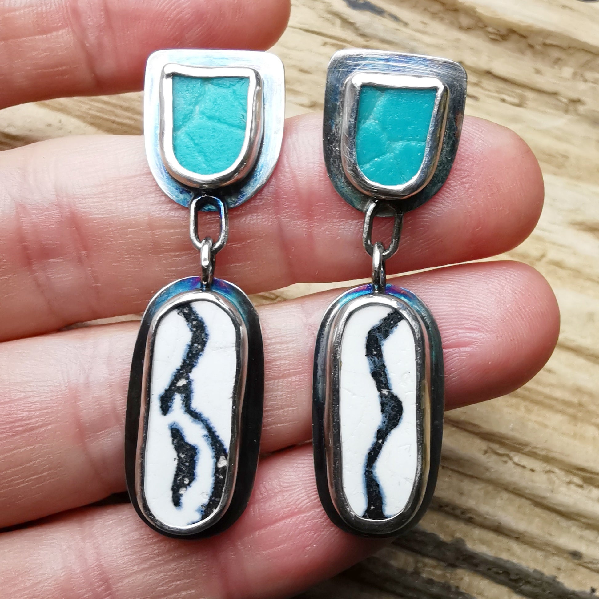 Blue, black and white sea pottery, sterling silver earrings - monopatin