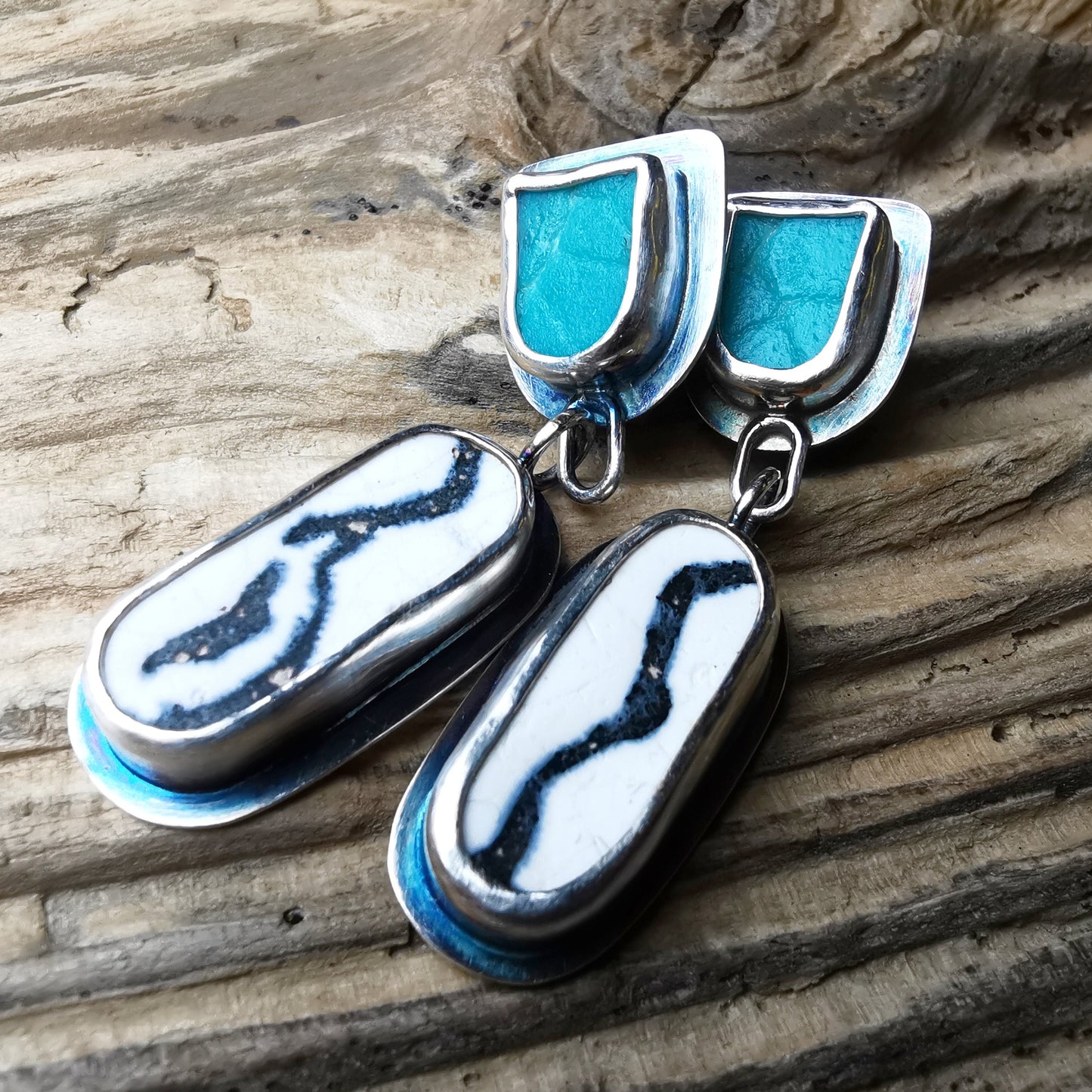 Blue, black and white sea pottery, sterling silver earrings - monopatin