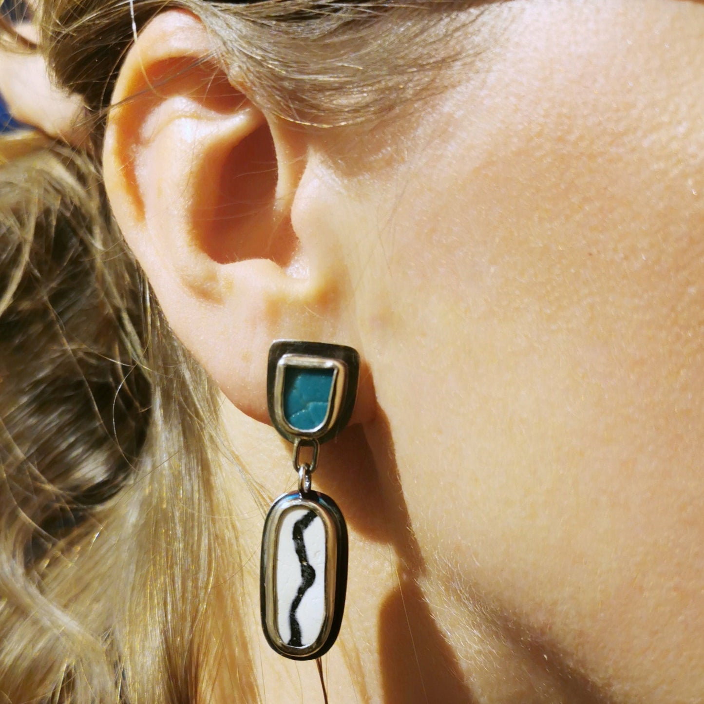 Blue, black and white sea pottery, sterling silver earrings - monopatin