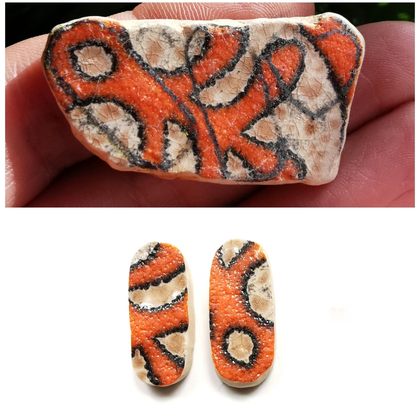 Scottish orange sea pottery, sterling silver earrings - monopatin