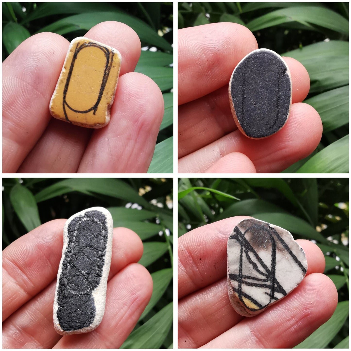 Mismatched yellow, black and white sea pottery, sterling silver earrings - monopatin