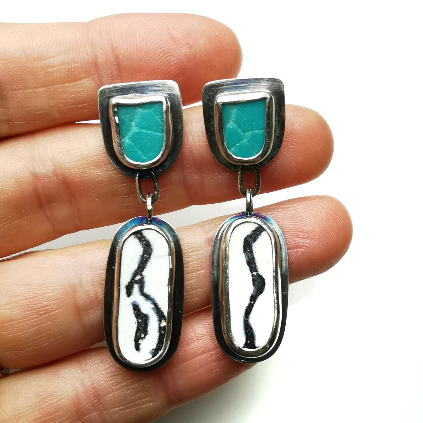 Blue, black and white sea pottery, sterling silver earrings - monopatin