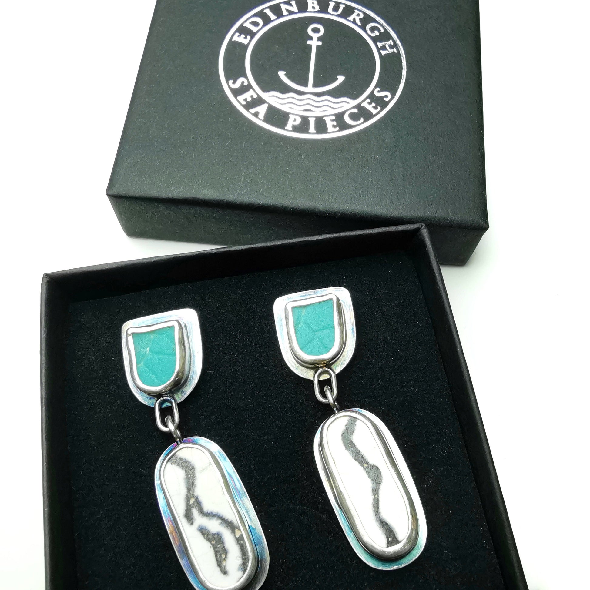 Blue, black and white sea pottery, sterling silver earrings - monopatin