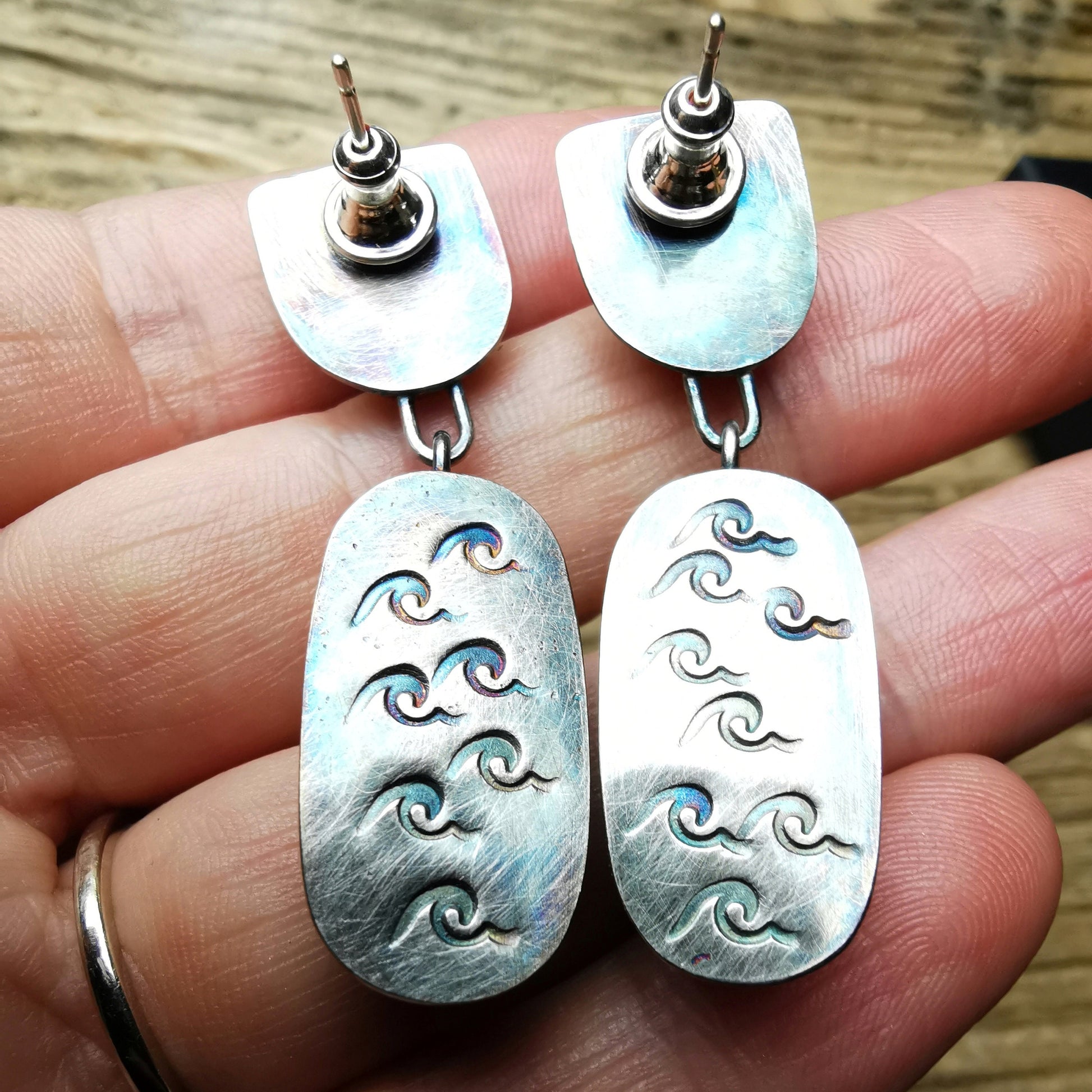 Blue, black and white sea pottery, sterling silver earrings - monopatin