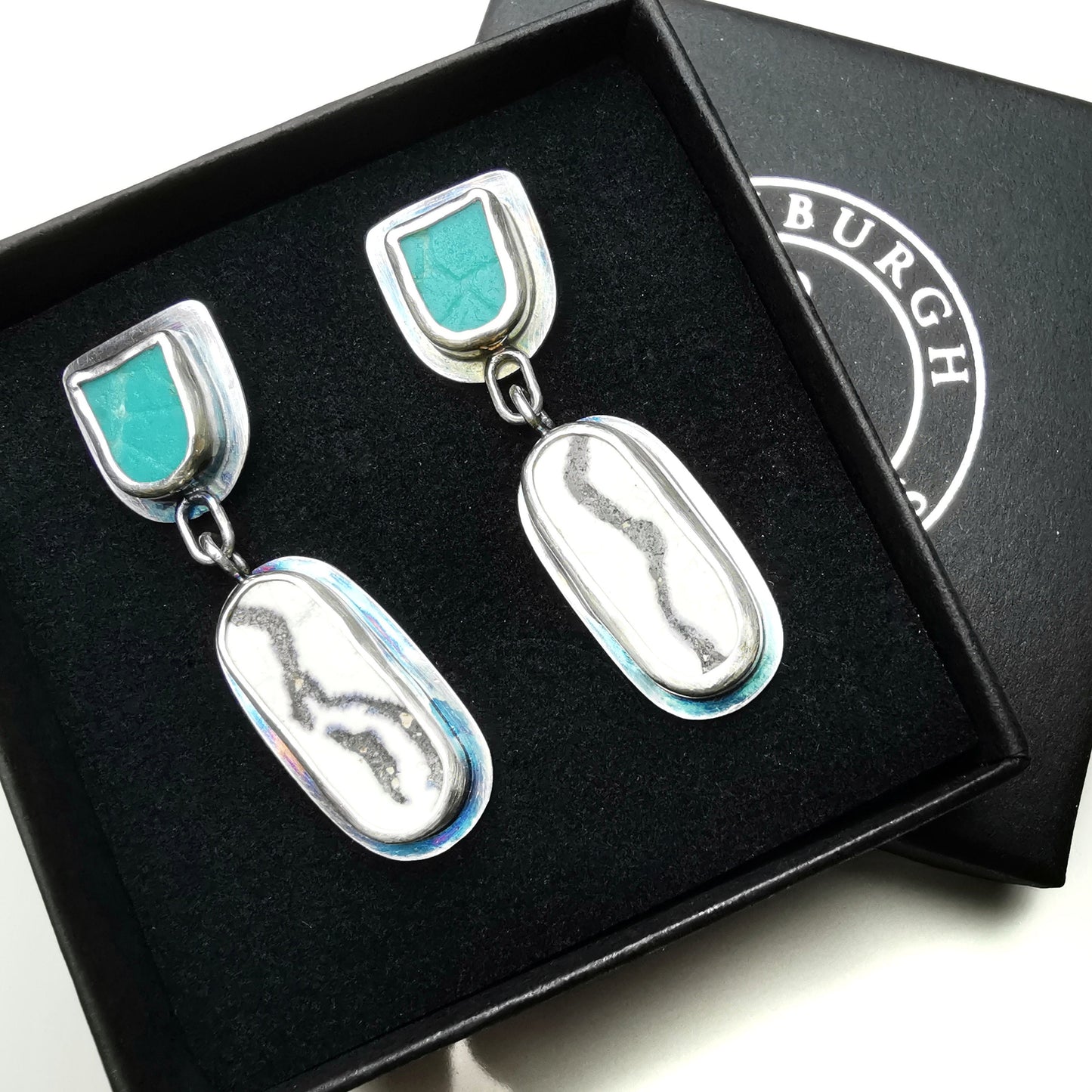 Blue, black and white sea pottery, sterling silver earrings - monopatin