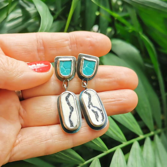 Blue, black and white sea pottery, sterling silver earrings - monopatin