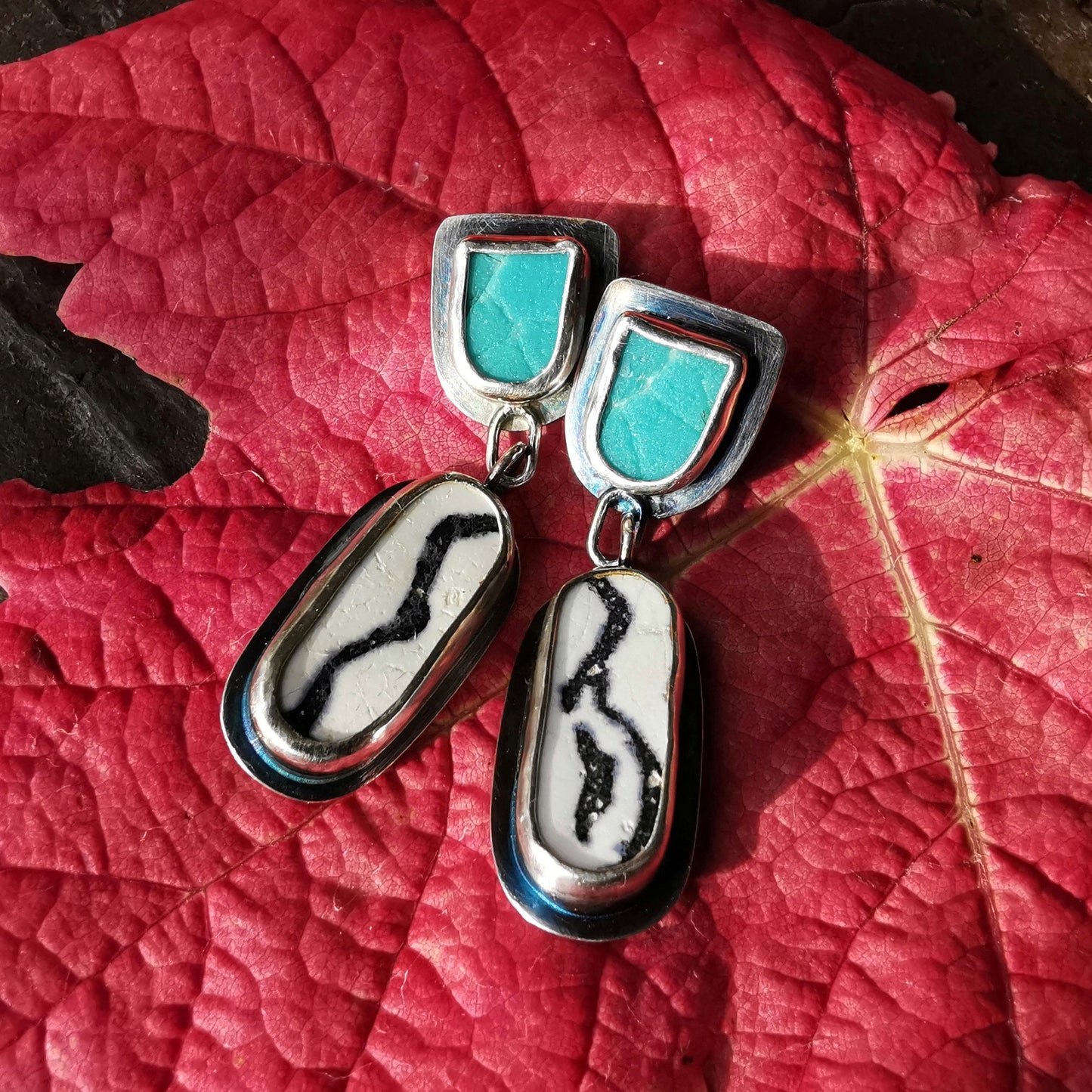 Blue, black and white sea pottery, sterling silver earrings - monopatin