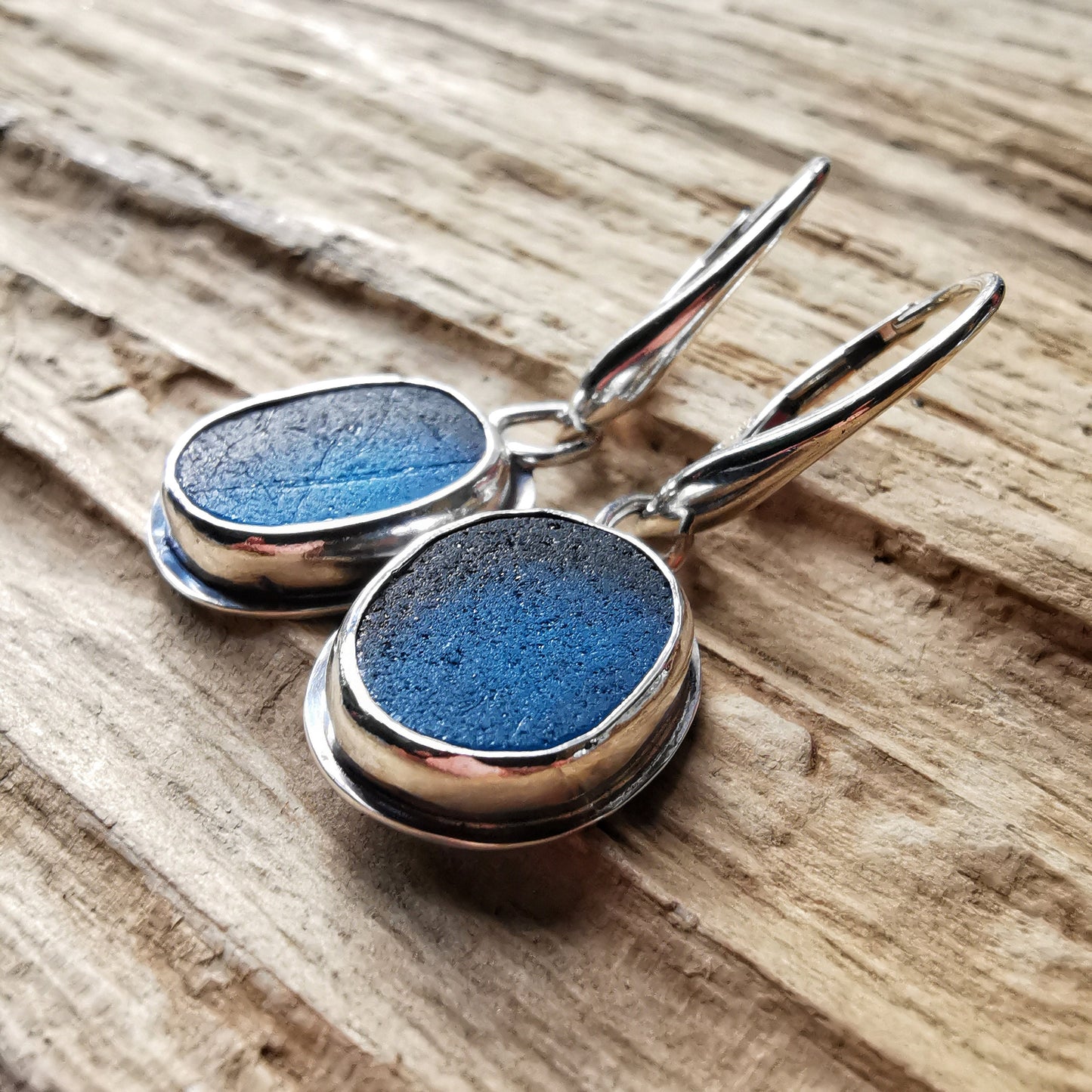 Genuine Scottish teal sea glass, sterling silver earrings - monopatin