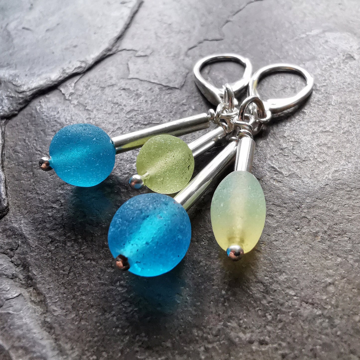 Genuine Scottish UV and aquamarine sea glass beads and sterling silver drop earrings - monopatin