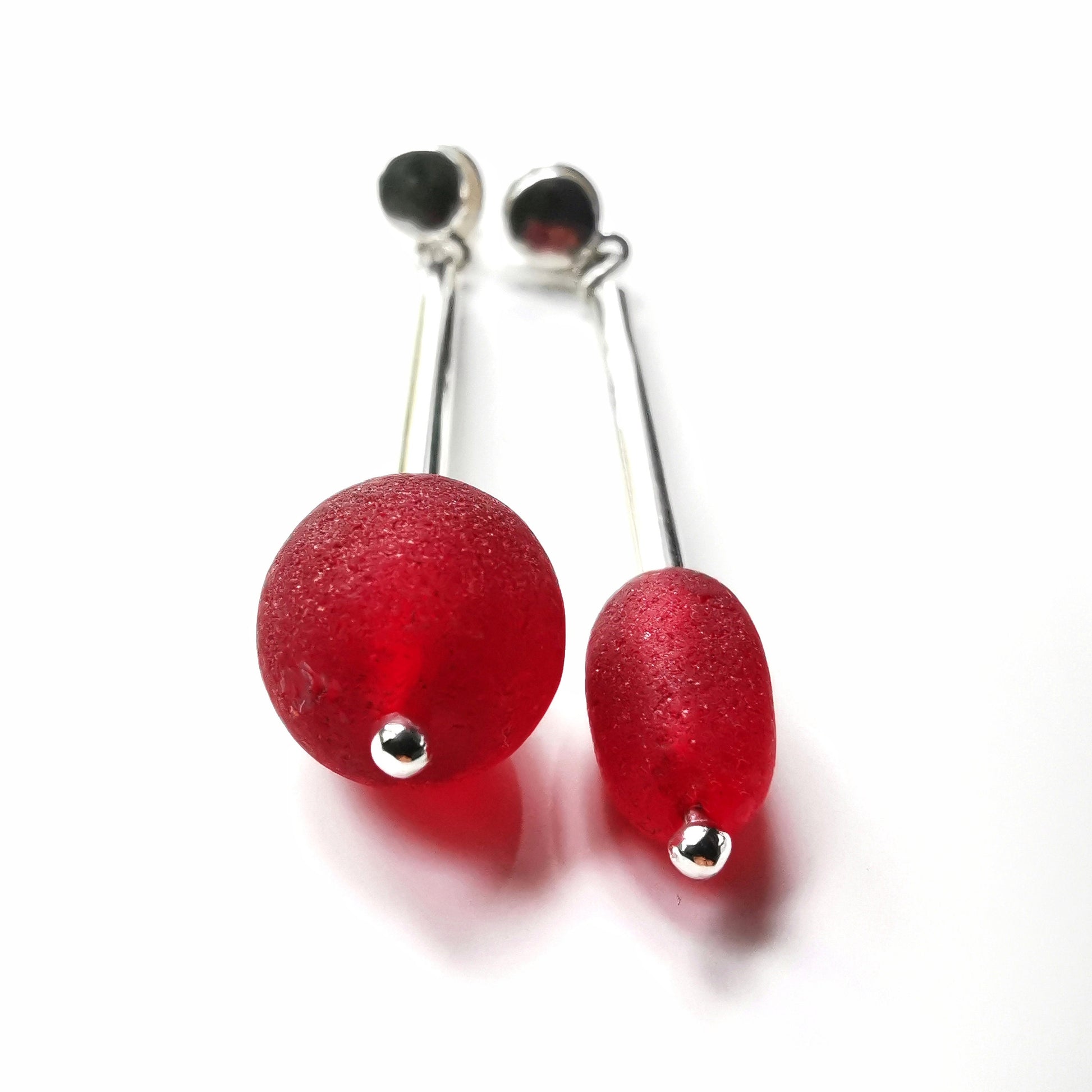 Scottish red sea glass beads, sterling silver drop earrings - monopatin