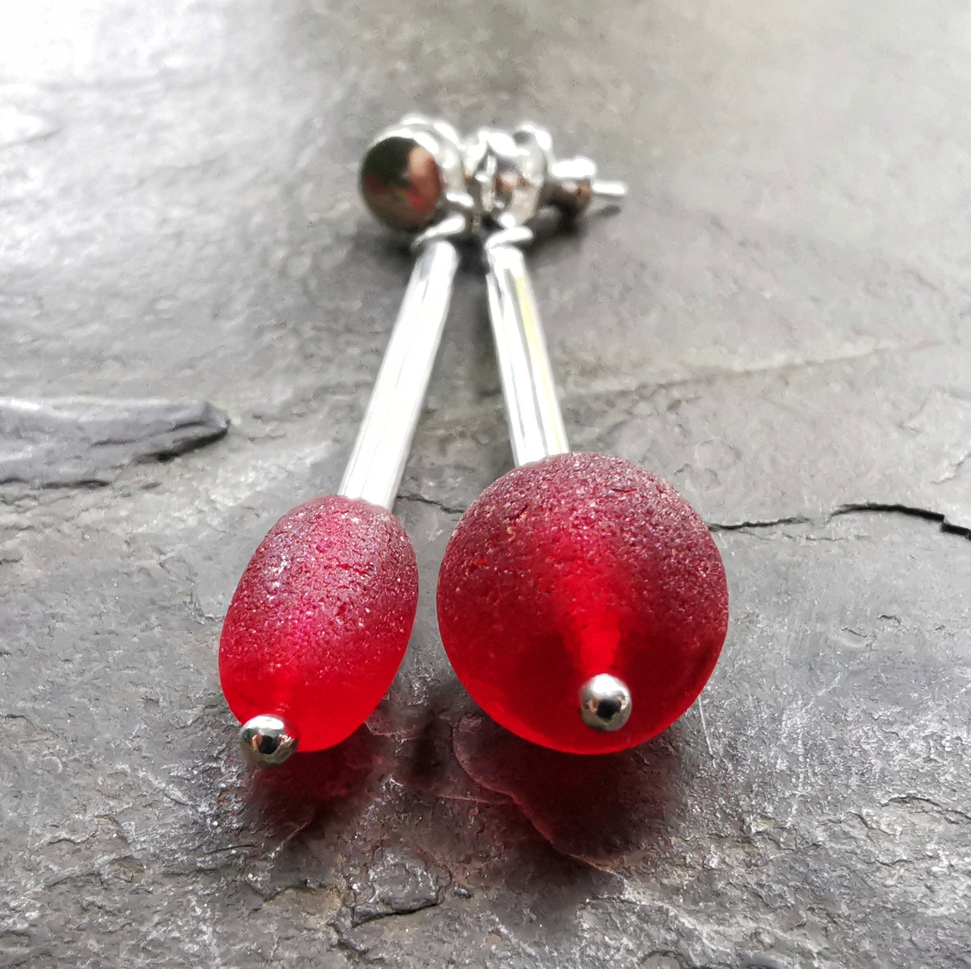 Scottish red sea glass beads, sterling silver drop earrings - monopatin