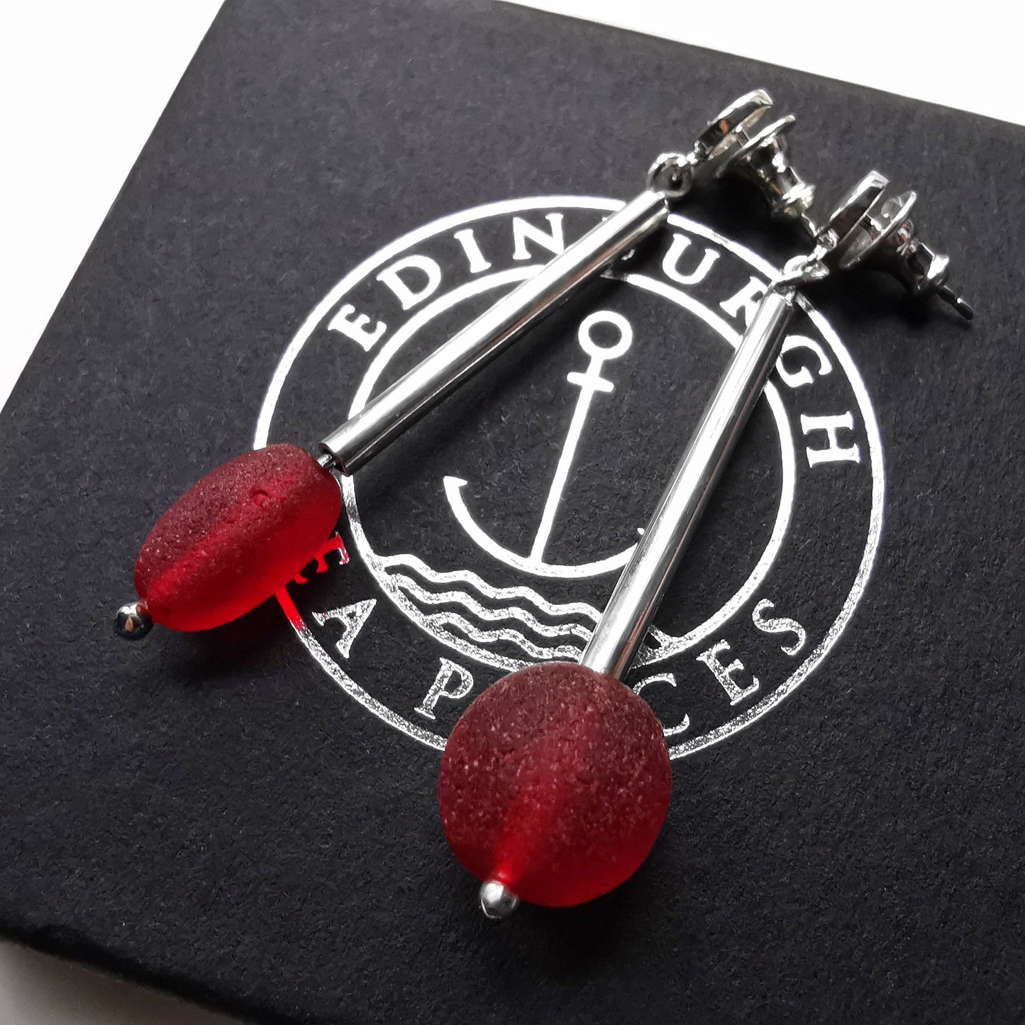 Scottish red sea glass beads, sterling silver drop earrings - monopatin