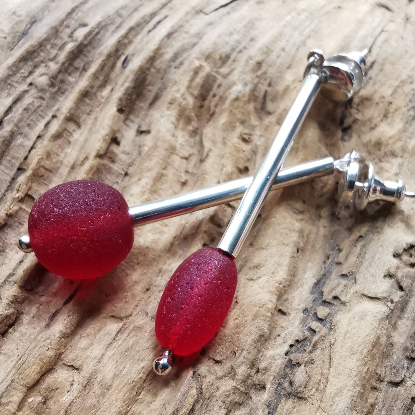 Scottish red sea glass beads, sterling silver drop earrings - monopatin