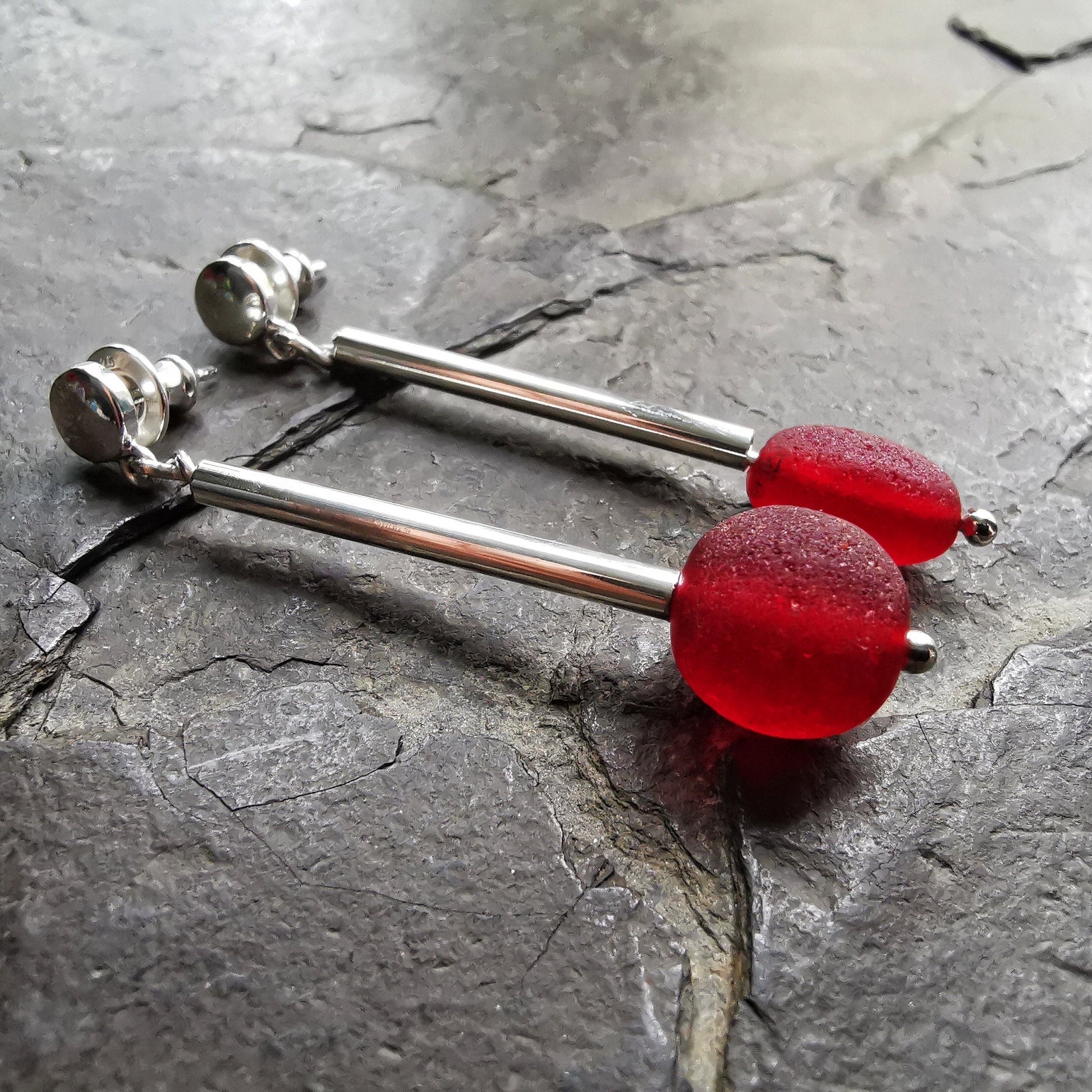 Scottish red sea glass beads, sterling silver drop earrings - monopatin