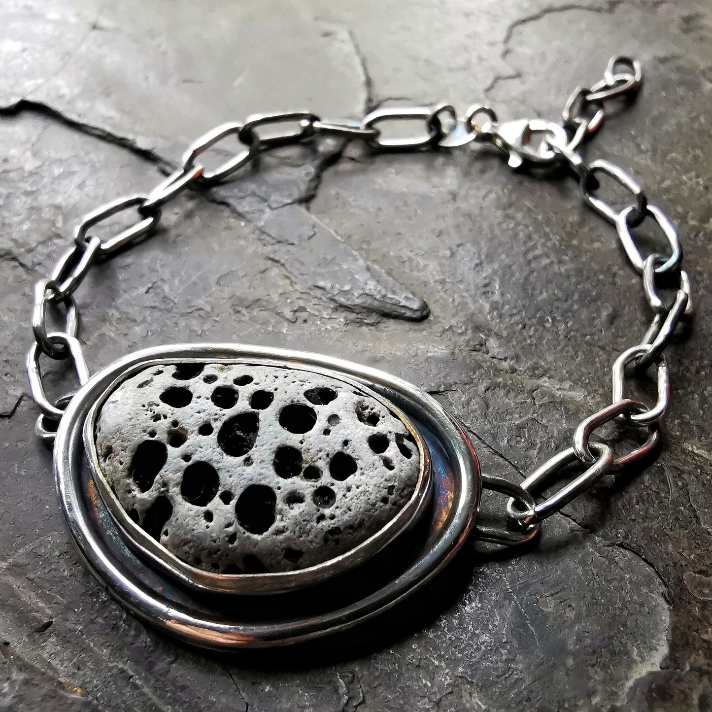 Scottish MOON ROCK beach stone, sterling silver bracelet