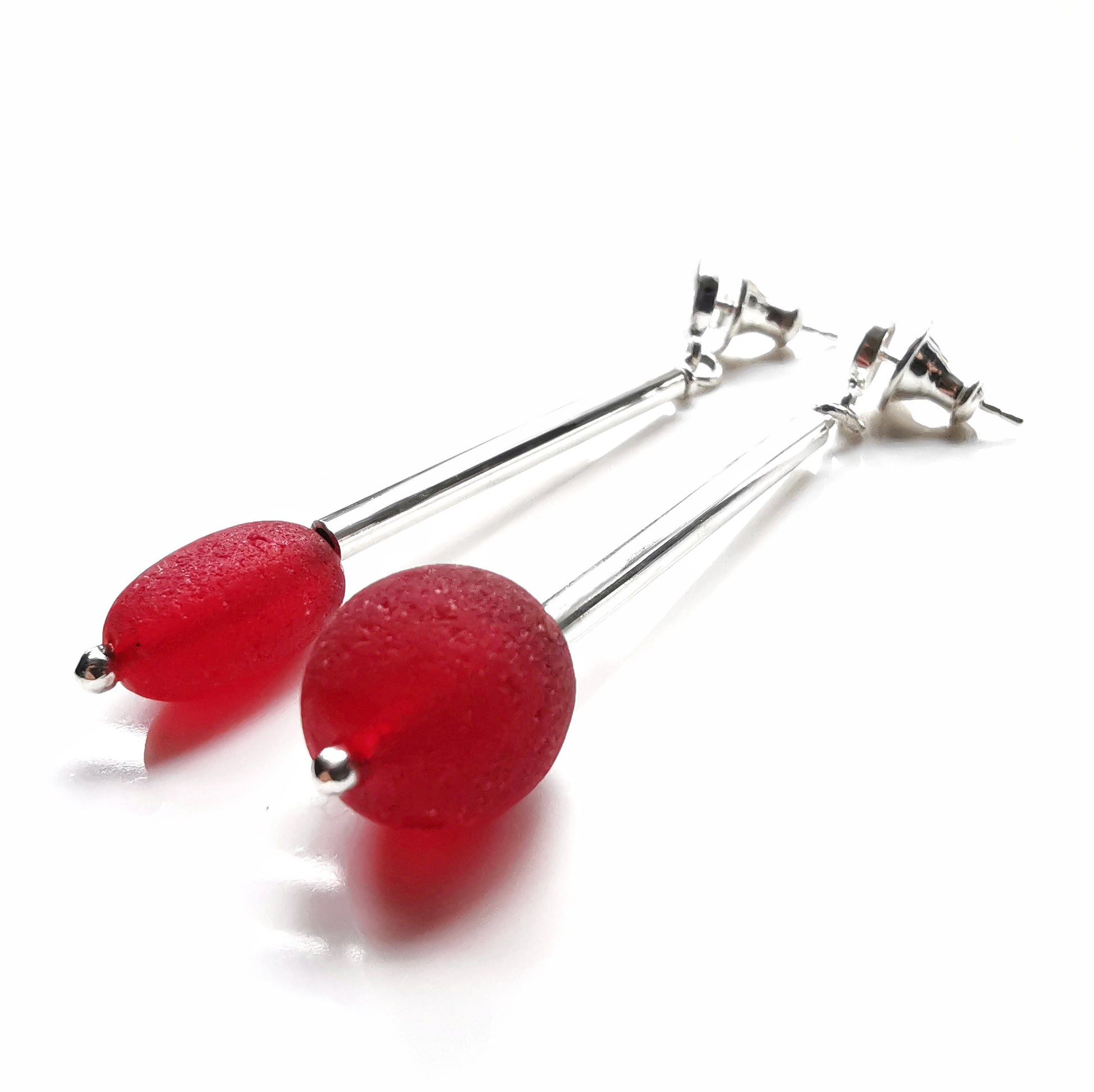 Scottish red sea glass beads, sterling silver drop earrings - monopatin