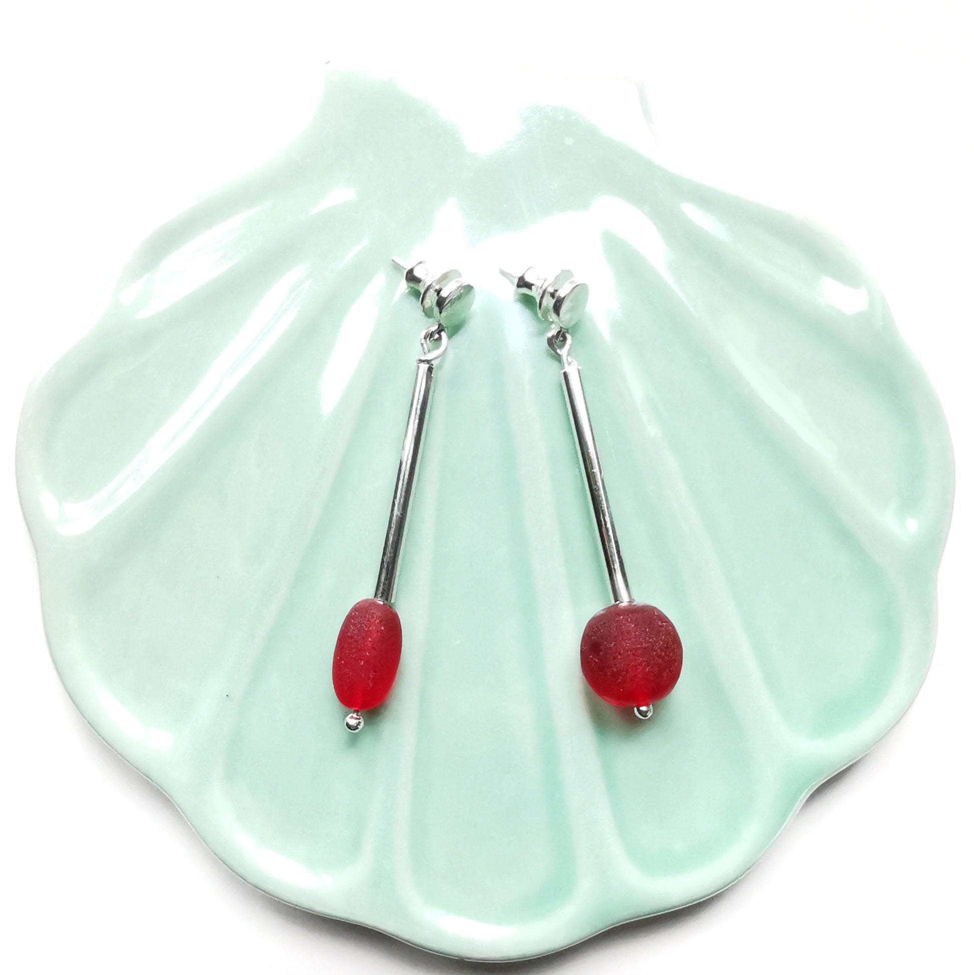 Scottish red sea glass beads, sterling silver drop earrings - monopatin