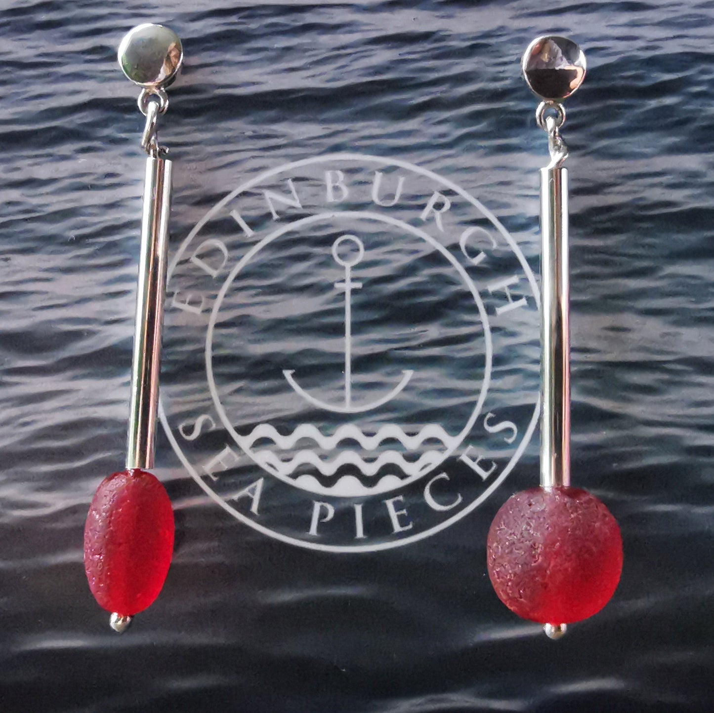 Scottish red sea glass beads, sterling silver drop earrings - monopatin