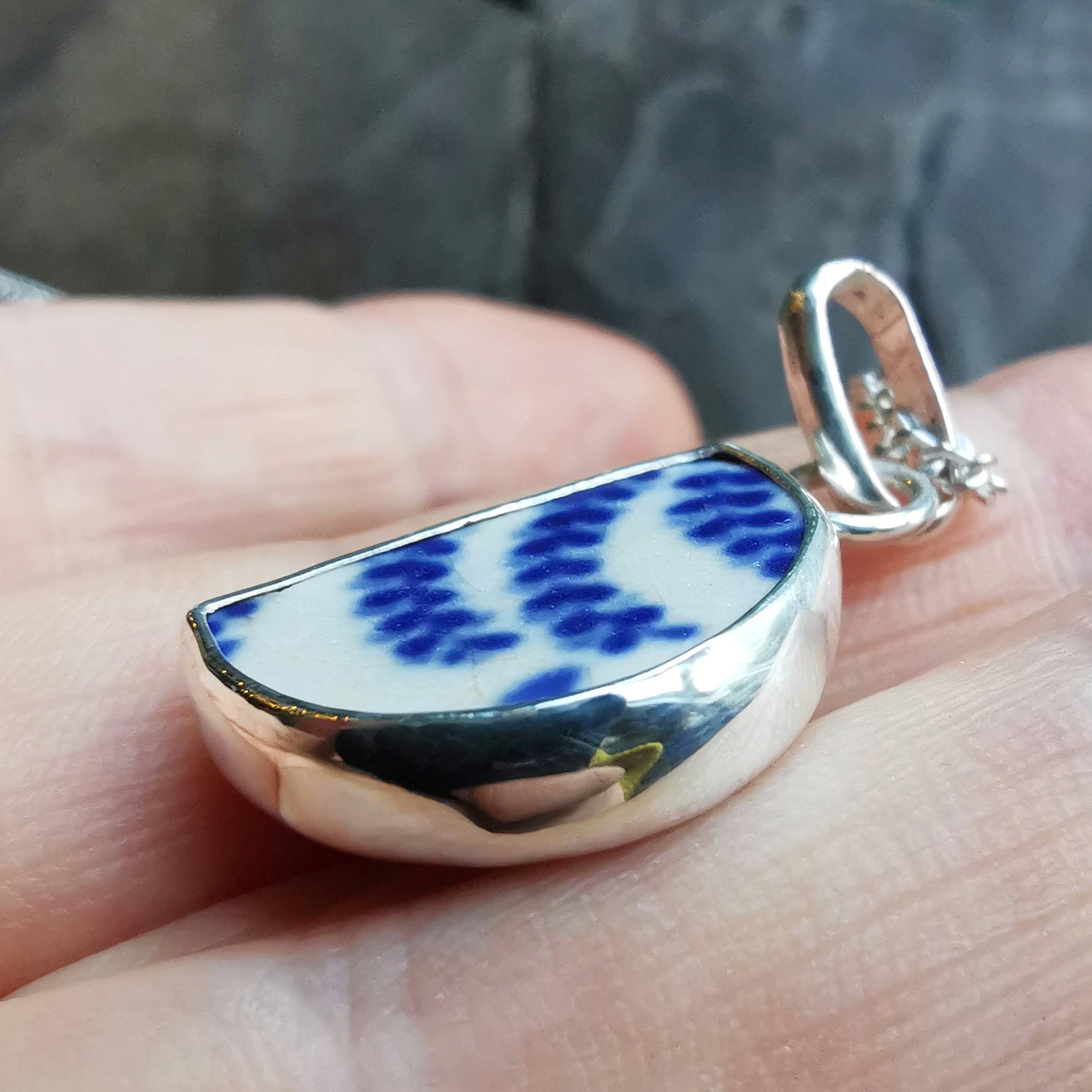 Scottish double sided beach pottery blue willow pattern pendant, silver necklace - monopatin