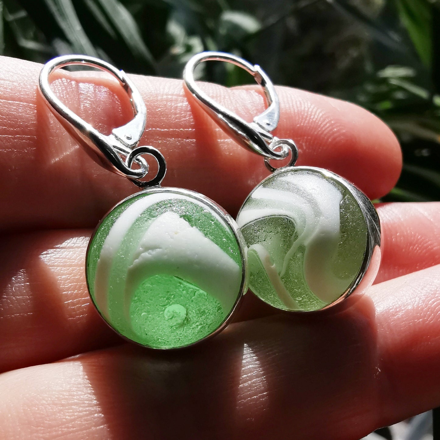 Genuine Scottish green and white sea glass marbles and sterling silver earrings - monopatin
