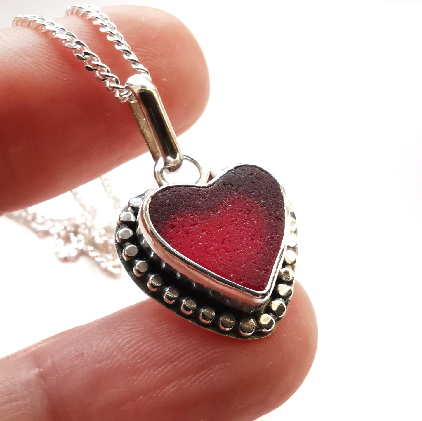 Burgundy red sea glass heart pendant, sterling silver necklace - monopatin