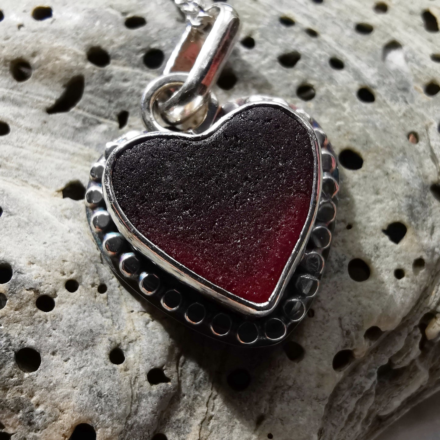 Burgundy red sea glass heart pendant, sterling silver necklace - monopatin