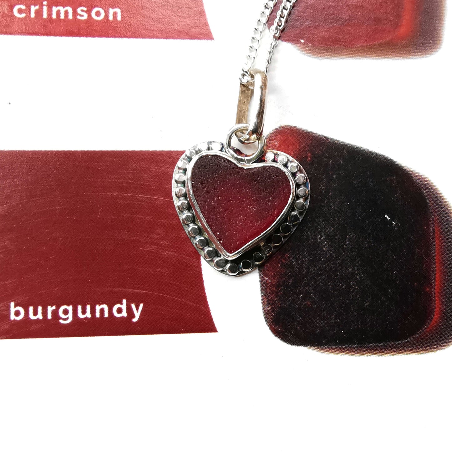 Burgundy red sea glass heart pendant, sterling silver necklace - monopatin